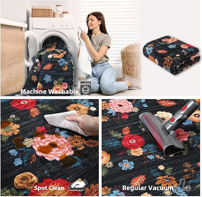 6x9 Area Rugs for Living Room: Washable Bedroom Rug Non Slip Low Pile Soft Faux Wool Non Shedding Vintage Floral Large Carpet for Dining Room Under Table Nursery Entryway Home Office Farmhouse Indoor