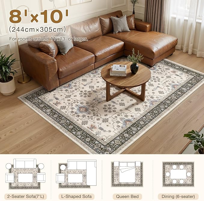 8x10 Area Rugs for Living Room - Large Carpet Ultra Thin Soft Washable Oriental Vintage Floral Distressed Big Indoor Carpets for Bedroom Nursery Dorm Home Decor Aesthetic - Brown Black
