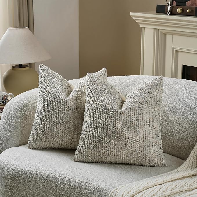 DEZENE Striped Throw Pillow Covers 24x24 Set of 2 Cream Grey Textured Boucle Chic Morden Boho Accent Farmhouse Square Decorative Couch Pillow Covers for Home Decor Bed Sofa Living Room