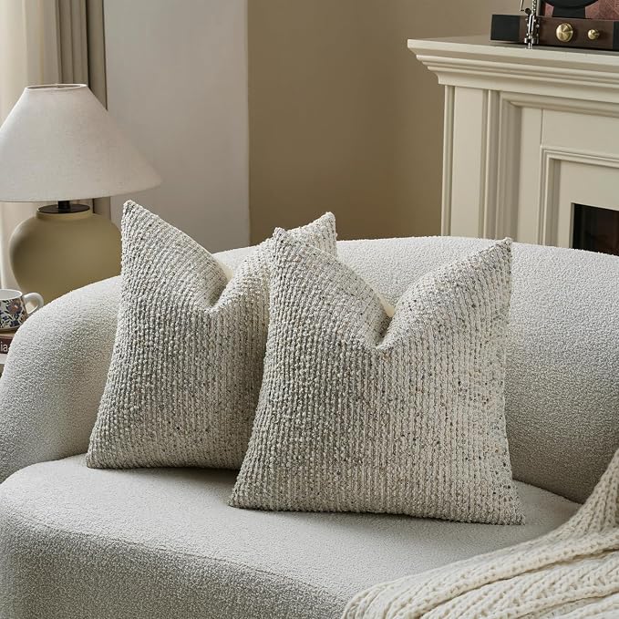 DEZENE Striped Throw Pillow Covers 22x22 Set of 2 Cream Grey Textured Boucle Chic Morden Boho Accent Farmhouse Square Decorative Couch Pillow Covers for Home Decor Bed Sofa Living Room