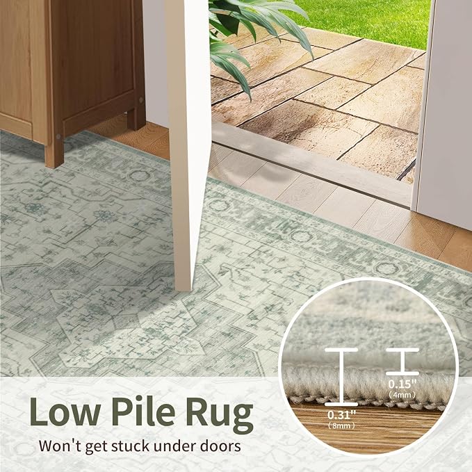 Rugxara 6x9 Washable Area Rug for Living Room, Vintage Large Boho Rugs for Office, Dining Room, Kids Room, Farmhouse, Durable Low Pile Non Slip Carpet for High Traffic Areas, Sage Green