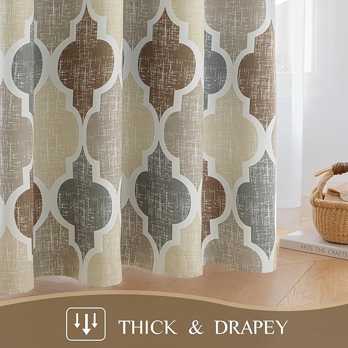 Beauoop Moroccan 100% Blackout Curtains Bedroom Brown Grey 50x72 2 Panels | Geometric Room Darkening Drapes for Living Room 72 Inch Long Thermal Insulated Soundproof Lattice Window Treatment Grommet