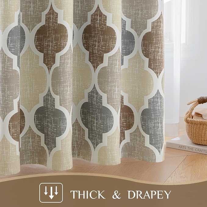 Beauoop Moroccan 100% Blackout Curtains Bedroom Brown Grey 50x84 2 Panels | Geometric Room Darkening Drapes for Living Room 84 Inch Long Thermal Insulated Soundproof Lattice Window Treatment Grommet