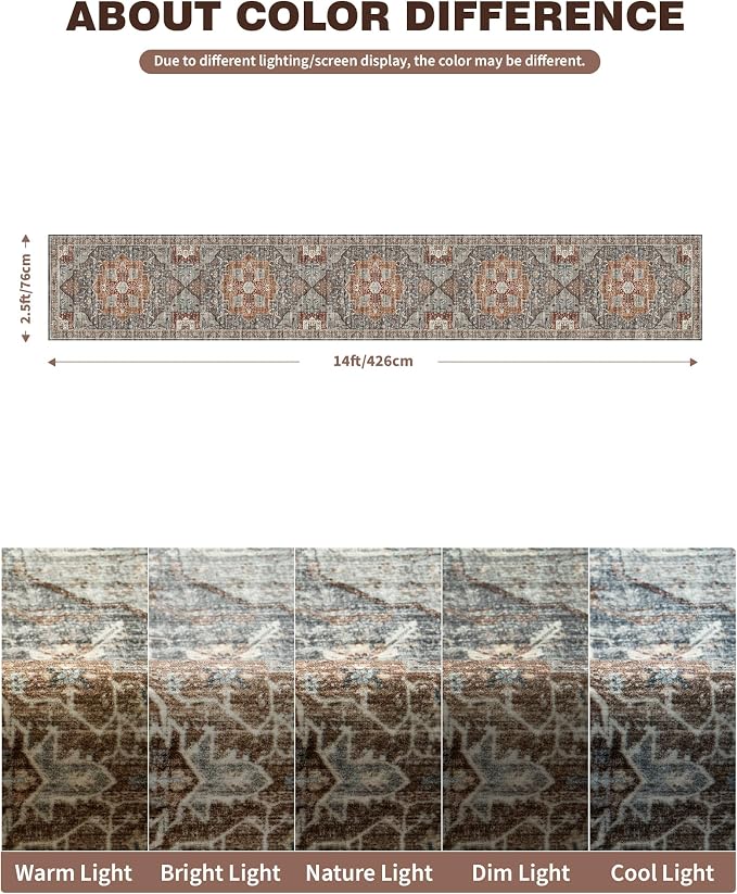 Roxstand 2.6x14 Hallway Runner Rug, Washable Non Slip Rugs, Grey/Brown/Tan | Low Pile Vintage Rug, Stain Resistant, Vintage Long Runner Rugs for Entryway, Living Room, Bedroom, Kitchen, Laundry