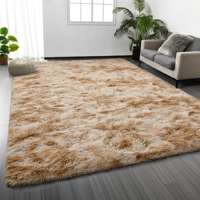 Deerhoo Shag Area Rug, 4 X 6 Tie-Dyed Plush Fuzzy Rugs for Living Room, Ultra Soft Fluffy Furry Rug for Bedroom, Indoor Carpet Nursery Rugs for Kids Room Home Decor, Beige