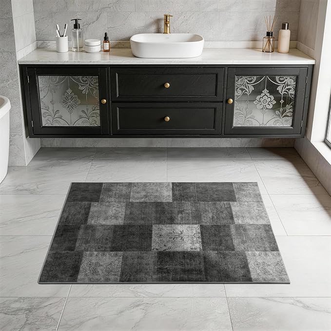 LIANLAM 2x3 Washable Entryway Rug,Non-Slip Indoor Door Mat with Vintage Boho Checkered Pattern, Stain & Water Resistant Faux Wool Low Pile for Front Door,Hall,Kitchen,Bathroom - Easy Clean(2x3,Black)