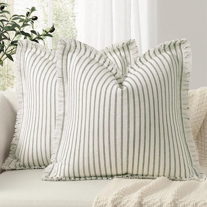 ZWJD Throw Pillow Covers 22x22 Set of 2 Striped Pillow Covers with Fringe Chic Cotton Decorative Pillows Square Cushion Covers for Sofa Couch Bed Living Room Farmhouse Decor, (Olive Green)