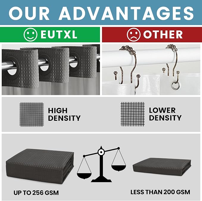 EUTXL Heavyweight Charcoal Grey Stall No Hook Shower Curtain with Snap in Liner,256GSM Waffle Weave Shower Curtains for Bathroom,54W x 80H