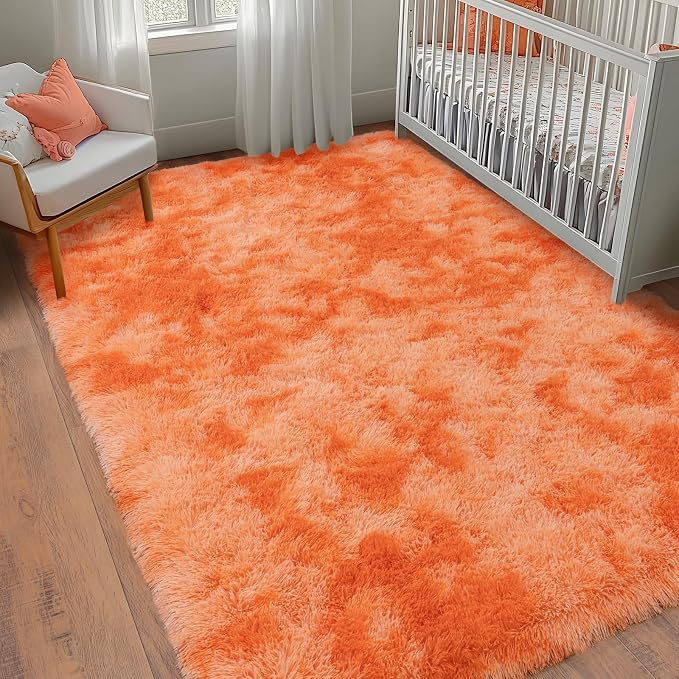 5x7 ft Rugs for Living Room, Fluffy Shag Area Rug for Bedroom | Tie-Dyed Orange, Soft and Comfy, Sage Carpet, Fuzzy Bedside Rug for Nursery, Kids Room, Girls, Boys Dorm Home Decor, Non Slip