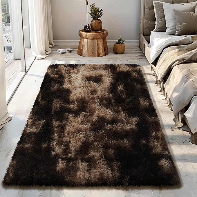 Fluffy Rug Shag Area Rug, Mottling Brown 3x5 Area Rugs for Bedroom, Small Bedside Rug, Soft Fluffy Shag Entryway Throw Rugs for Living Room Bedroom Room Home Decor