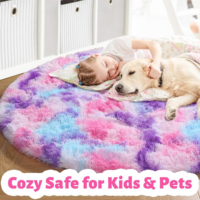 Amdrebio Pink Blue Purple Round Circle Area Rug 4Ft for Girls Bedroom, Fluffy Cute Fuzzy Colorful Pastel Kids Rugs for Nursery Playroom Classroom Dorm, Shag Princess Carpet for Baby Toddler Teen