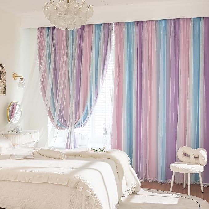 XiDi Blackout Curtains with Sheer Overlay for Girls Bedroom 2 Panels 63 Inches Long Ombre Pink Purple Curtains Colorful Rainbow for Kids Room Unicorn Princess Theme Home Decor Grommet Drapes W52XL63