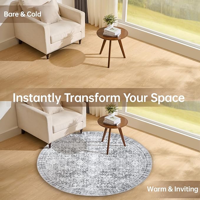 Sasttie Round Rug 4ft, Ultra-Soft Washable Circle Rug, Low Pile Foldable Thin Rugs with Non-Slip Backing, Skin-Friendly Stain Resistant Carpet for Living Room, Bedroom, Kitchen, Dorm, 4ft, Light Grey