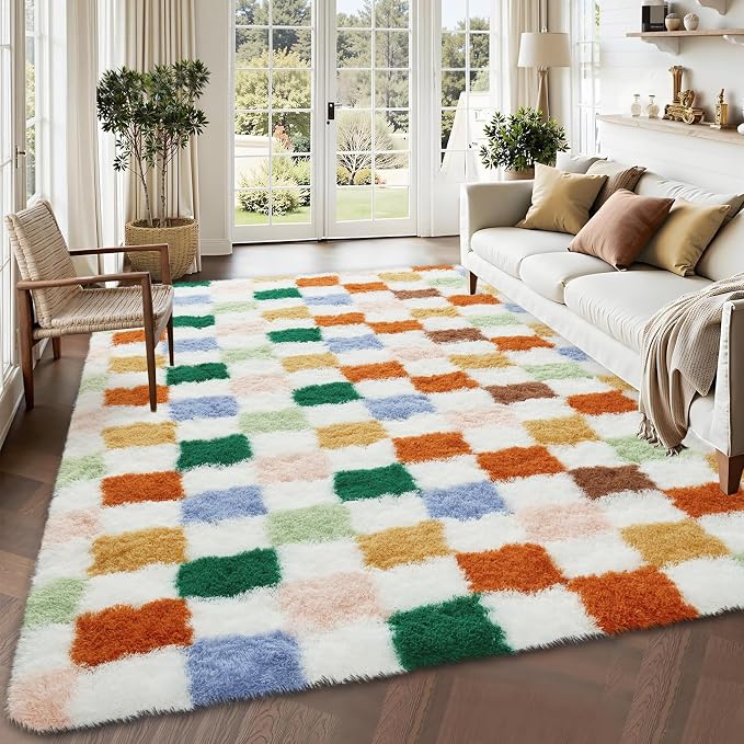 Garvee Washable Checkered 9x12 Area Rug for Living Room Colorful Modern Shag Rugs Thick Plush Fuzzy Rugs Non-Slip Large Rug Soft Indoor Carpet Shaggy Rugs for Bedroom Home Aesthetic Decor