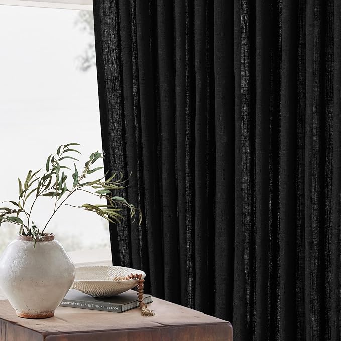 Black Pinch Pleated Linen Semi Sheer Curtains 45 Inch Length 2 Panels Set | for Kitchen Small Bay Window Basement, Pinch Pleated with Hooks Rings Back Tab, Memory Shape, Thick Linen Semi Sheer, W40xL45