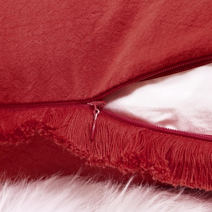 ZWJD Red Pillow Covers 12x20 Set of 2 Throw Pillows with Fringe, Chic Cotton Decorative Square Cushion Covers for Sofa, Couch, Bed, Living Room, Farmhouse, Boho Decor