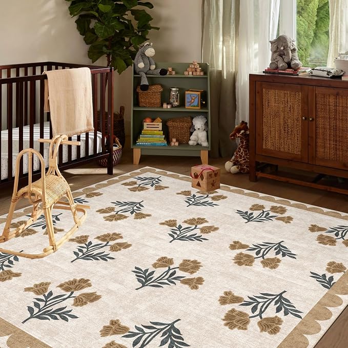 Beige Square Rug 5ft - Soft Washable Boho Farmhouse Bedroom Rug Non Slip 5x5 Stain Resistant Cottage Neutral Scalloped Area Rugs for Living Room Entryway Kitchen Dining Room Bathroom Nursery