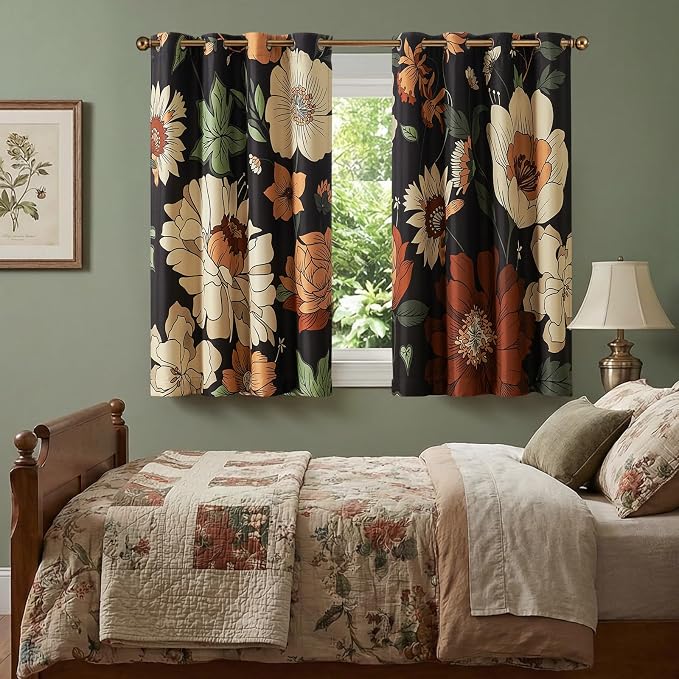 jinchan Black Boho Floral Blackout Curtains 63 Inch Grommet 2 Panels | Room darkening, Vintage, living room, bedroom, privacy, floral print, flower pattern, fall decor, window treatments