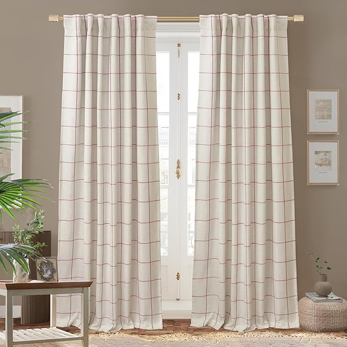 DriftAway 100% Blackout Plaid Linen Curtains 84 Inches Long 2 Panels Red | 100% Blackout, Linen Texture, Plaid Pattern, Two Layers, Rod Pocket & Back Tab, Bedroom Living Room Use, Luxury Appearance