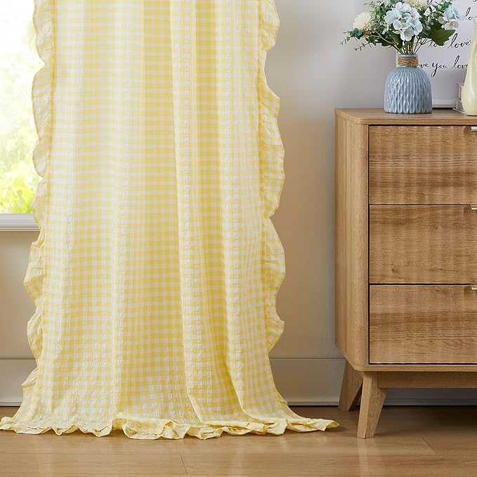ZJDECOR Yellow Buffalo Plaid Ruffle Window Curtains 72 Inches Length | Crinkle Ruffle Cortinas,Nursery Kids Room,Not-See-Through Sheer Drapes,Farmhouse Window Treatment,Rod Pocket,40"Wx72"Lx2