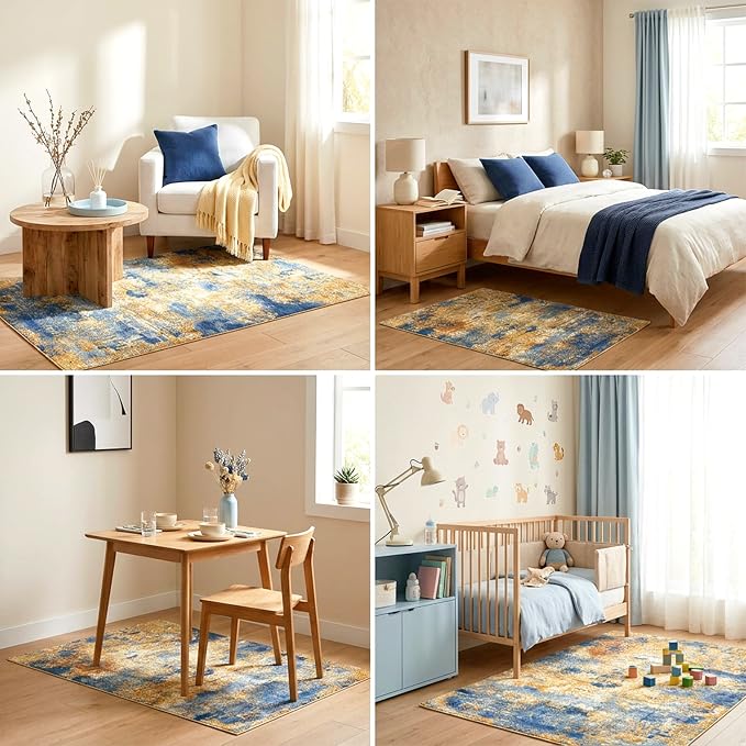 Washable Area Rug, Abstract Navy & Gold, for Entryway, 3'x5' | Stain Resistant, Ultra Soft, Low Pile, Non-Slip, 100% Cotton-Backed with Silicone Backing, Pet & Kid Friendly, Foldable