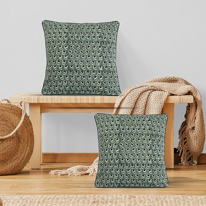 Ridhi Block Print Basil Green Pillow Cover 16" x 16" (Pack of 2) Decorative Couch Pillows for Living Room, Chic Boho Cute Outdoor Pillows Covers Gifts for Spring, Easter and Valentine