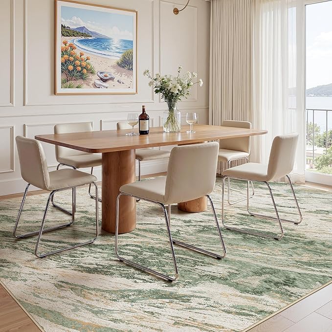 Area Rugs for Living Room: 7X9 Abstract Washable Rug Modern Neutral Large Soft Stain Resistant Non-Slip for Bedroom Dining Room Indoor Home Office Carpet - Green Brown