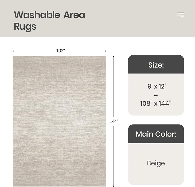 Valenrug Washable Rugs 9x12 - Stain Resistant Area Rugs 9x12 Living Room, Non Slip Backing Gradient Printed Rugs for Bedroom, Foldable Machine Washable Area Rug(9'x12', Beige)