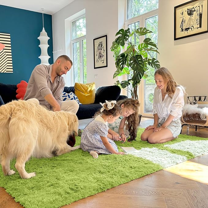 OLANLY 3x5 Machine Washable Small Bedside Rug, Soft Fluffy Shaggy Rugs for Living Room, Bedroom, Indoor Floor Carpet for Kids Girls and Boys, Preppy Dorms, Nursery, Home Decor Aesthetic, Grass Green