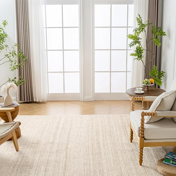 Shatex Burlap Rug 5x8ft, Handmade Braided 100% Natural Jute Rug for Bedroom & Living Room, Off-White