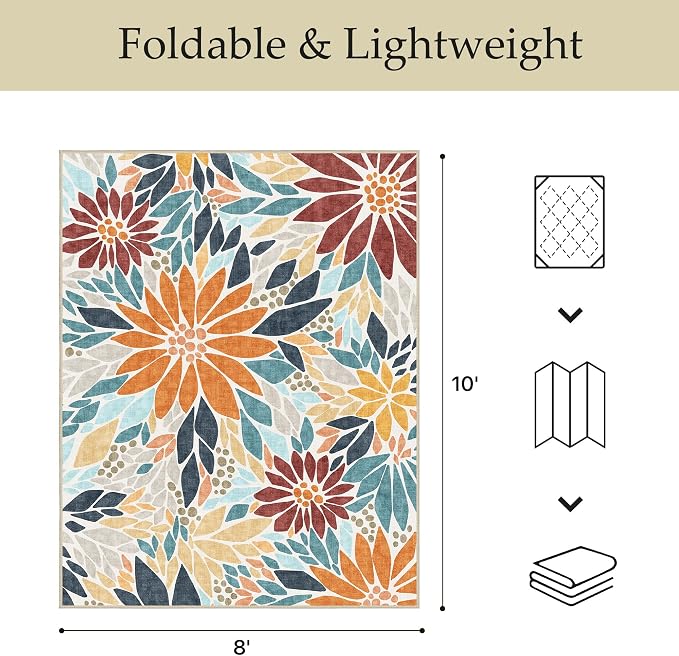 GENIMO 8x10 Outdoor Rug, Washable for Patio and Deck, Rust Blue | Floral design for backyard; fade resistant chenille with quick-dry non-slip backing for indoor living rooms