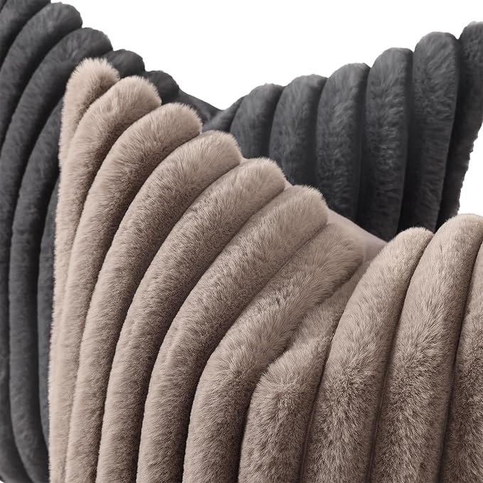 decorUhome Fall Faux Fur Throw Pillow Covers 22x22 Set of 2 Dark Grey | Decorative Soft Cozy Striped Plush Modern Farmhouse Boho Couch Pillow Cases Velvet Back for Sofa Bed Living Room Home Decor