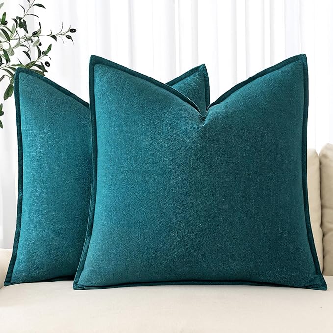 MIULEE Decorative Linen Pillow Covers 18x18 Inch Teal Blue | Boho Farmhouse Neutral Couch Throw Pillows for Bed, Pack of 2 Accent Modern Pillowcases, Sofa Livingroom Home Decor