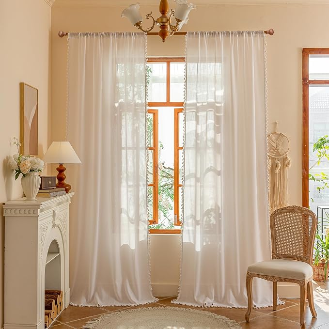 MYSKY HOME Semi Sheer Light Filtering White Bohemian Curtains for Sliding Door 96 Inches Long，Back Tab Ceiling Curtains with Tassel for Living Room Bedroom, 50" x 96"，Pure White，2 Pieces