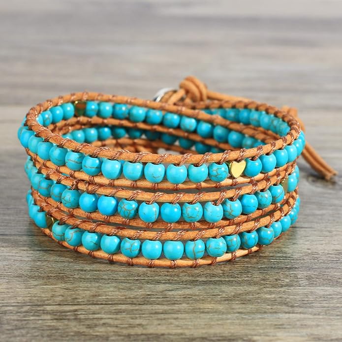 KELITCH Turquoise Beads Bracelets Leather 3 Wrap Bracelet Handmade Women Heart Jewelry