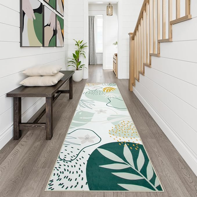 Lahome Green Runner Rugs for Hallway 2x10, Extra Long Washable Non-Slip Kitchen Rug Lightweight Stair Carpet Runner, Boho Botanical Print Soft Entrance Bath Laundry Living Room 2' x 10'