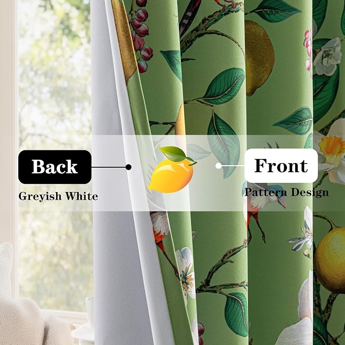 MYSKY HOME Floral Blackout Curtains 95 Inch Long for Living Room Vintage Farmhouse Room Darkening for Dining Room Bedroom Lemon Hummingbird Patterned Thermal Insulated Drapes, Pack-2, W52, Sage Green