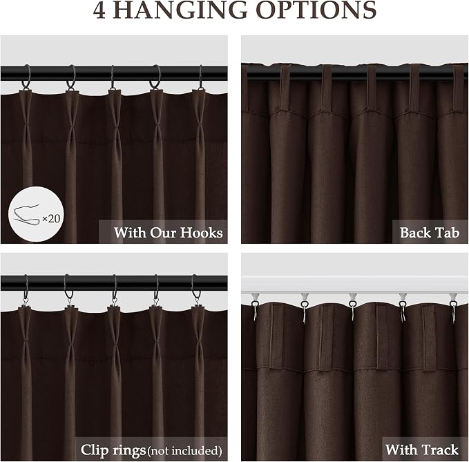 Aersas Coffee Brown Pinch Pleated Linen Curtains 84 Inches Long 2 Panel Set for Living Room Bedroom Natural Pinch Pleat Back Tab Rustic Semi Sheer Curtain for Dining Bedroom Office