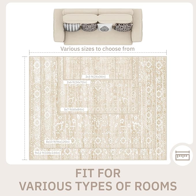 Soalmost 2.5'x8' Runner Rugs for Hallway, Washable Kitchen Runner Rug Beige | Vintage Non-Slip Soft 2'6"x8' Carpet Runner with Rubber Backing for Entryway Laundry Bedroom Farmhouse