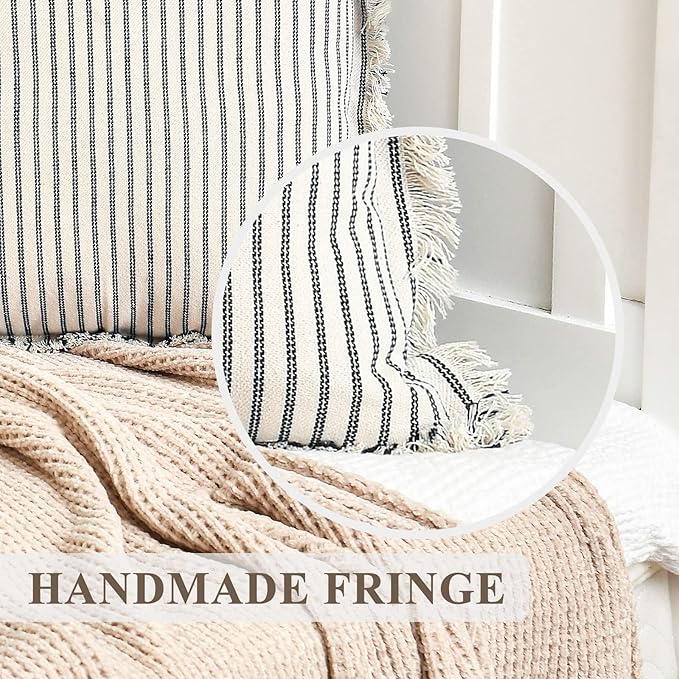 ZWJD Throw Pillow Covers 26x26 Set of 2 Striped Pillow Covers with Fringe Chic Cotton Decorative Euro Sham Pillows Square Cushion Covers for Sofa Couch Bed Living Room Farmhouse Decor(Bright Blue)