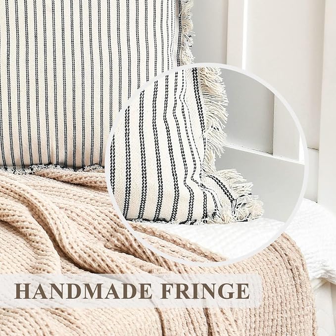 ZWJD Throw Pillow Covers 24x24 Set of 2 Blue Striped Pillow Covers with Fringe Chic Cotton Decorative Pillows Square Cushion Covers for Sofa Couch Bed Living Room Farmhouse Decor(Bright Blue)