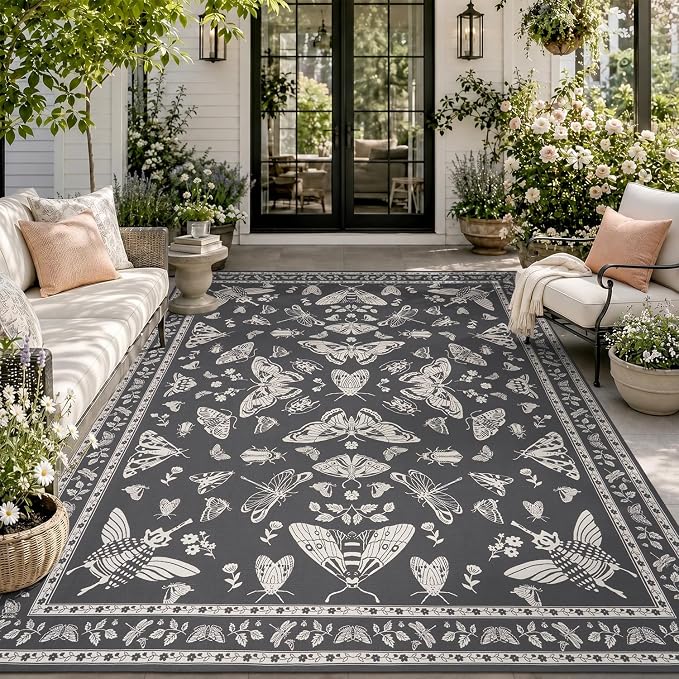AMOAMI-Outdoor Rug-Patio Rug 8x10 ft Quick Dry Machine Washable Flatweave Textured Outdoor Carpet with Rubber Particles Backing Indoor Outdoor Rug for Patio Deck Front Porch Balcony Greyish Black