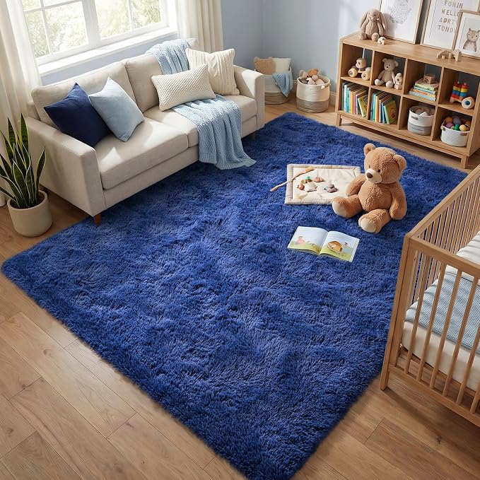 Fluffy Rugs for Living Room: Dusty Blue Soft Shag Rug for Bedroom, Large Fuzzy Plush Indoor Carpet Non Slip Modern Rug for Nursery Kids Room Dorms Office Home Decor, 7x10 Feet
