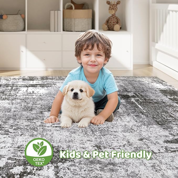 6x9 Area Rugs Living Room: Large Washable Abstract Modern Soft Rug Stain Resistant Indoor Floor Non Slip Accent Carpet for Bedroom Nursery Playroom Dining Room Office Dorm Home Decor- Black Grey