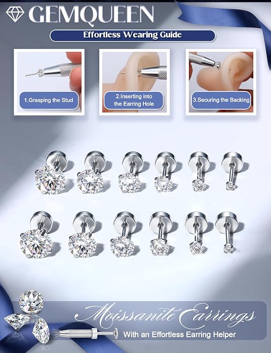 GEMQUEEN 6 Pairs 2-7mm Moissanite Earrings Studs 14K Gold Plated Stainless Steel Flat Back Earring for Women Men - Hypoallergenic Cartilage Helix Piercing Jewelry Brilliant Round Cut D Color VVS1 5.97CT