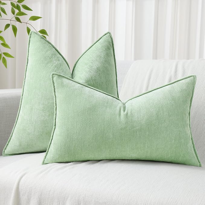 decorUhome Chenille Sage Green Velvet Throw Pillow Covers 16x16 Set of 2 | Fall Soft Couch Decorative Modern Farmhouse Pillow Cases with Elegant Design for Sofa Bed Living Room Home Decor