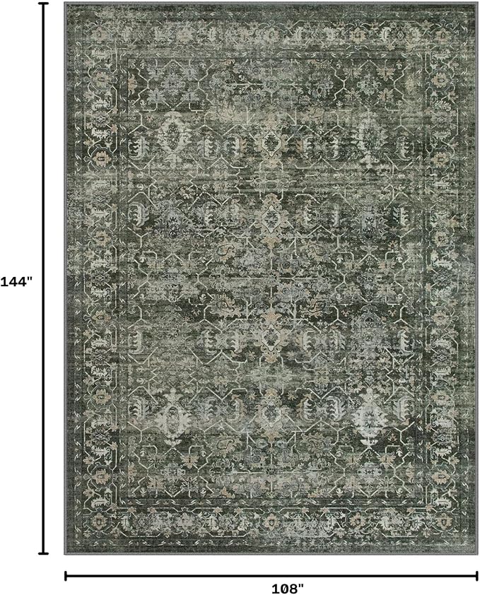 Lahome Margot Boho Green Area Rugs 9x12 Living Room,Washable Large Rugs for Bedroom Aesthetic,Vintage Distressed Non Slip Low Pile Dining Room Rug Carpet for Home Office Playroom(9'x12',Green)