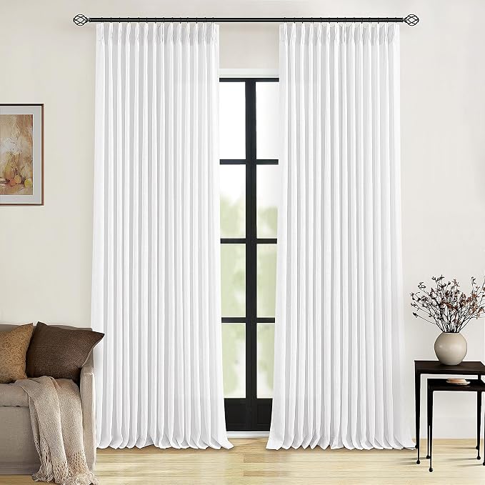 Pinch Pleated Linen Curtains 108 Inches Long 2 Panels Set for Living Room Bedroom Farmhouse Snow White Cotton Linen Blend Back Tab Pinch Pleat Drapes Ceiling Floor Extra Long Window Curtains 9 Ft