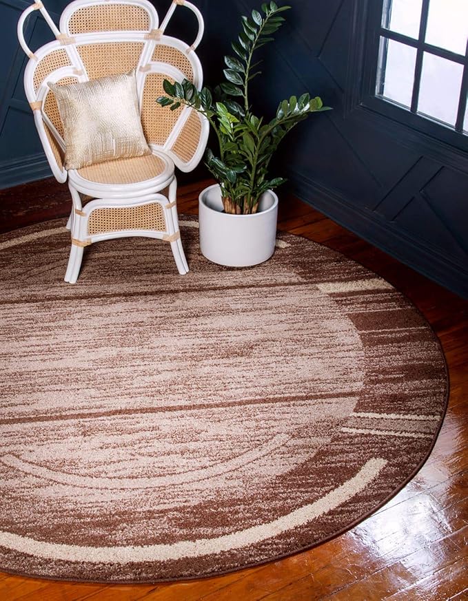 Unique Loom Autumn Collection Modern Contemporary Casual Abstract Area Rug (Brown/ Beige Border, 3 ft 3 in Round)
