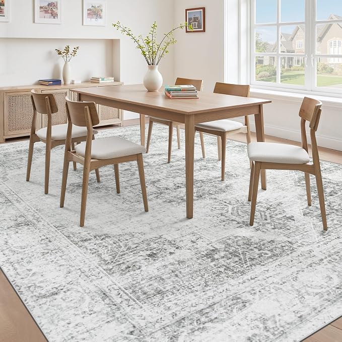 6X9 Area Rugs for Living Room, Washable Rugs Gray Vintage Medallion Non-Slip Soft Low Pile Rug Large Indoor Retro Carpet for Bedroom Dining Room Home Office Nursery Room(Gray,6'x9')